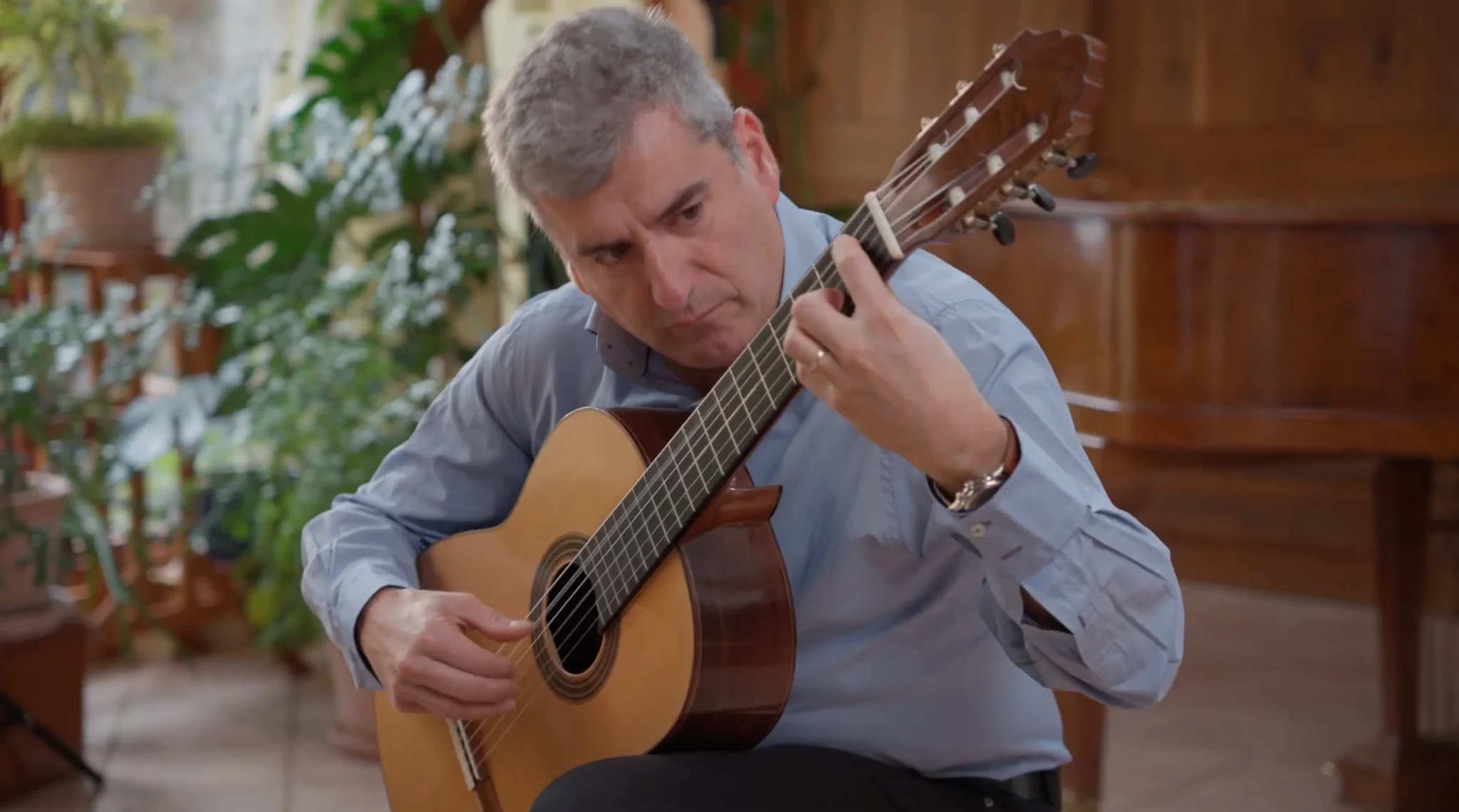 Alexandre Bernoud playing guitar in a pale blue shirt, with plants in the background
